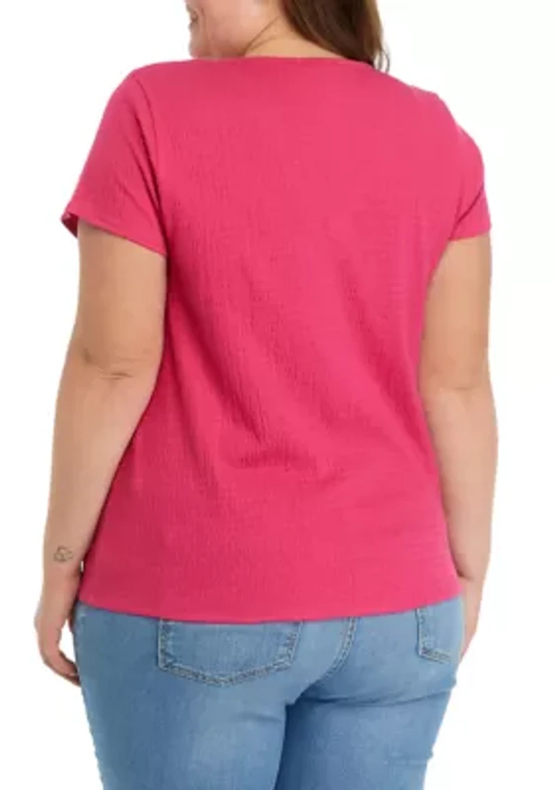 Plus Solid Button Down Tie Front Top