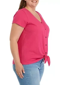 Plus Solid Button Down Tie Front Top