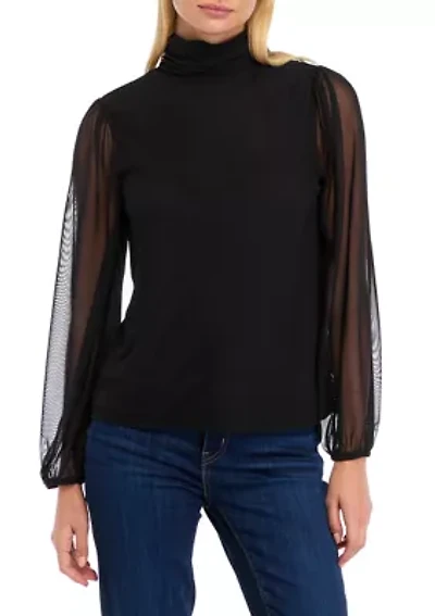 Petite Blouson Sleeve Mesh Mock Neck Solid Blouse