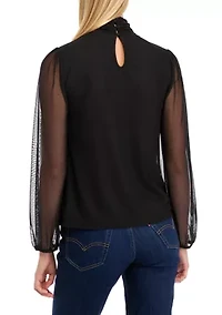 Petite Blouson Sleeve Mesh Mock Neck Solid Blouse