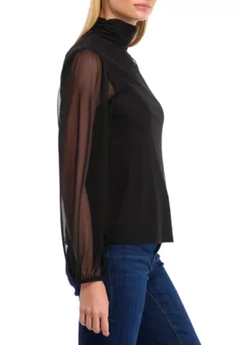 Petite Blouson Sleeve Mesh Mock Neck Solid Blouse