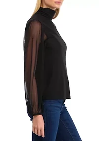 Petite Blouson Sleeve Mesh Mock Neck Solid Blouse