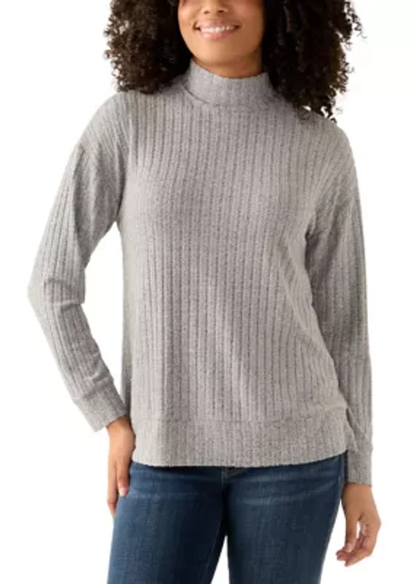 Women's Long Sleeve Ribbed Knit Mock Neck T-Shirt