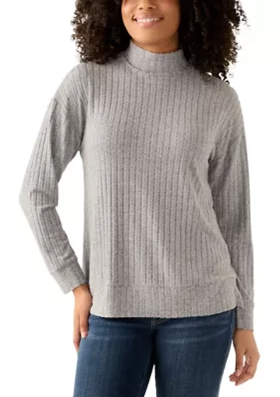Women's Long Sleeve Ribbed Knit Mock Neck T-Shirt