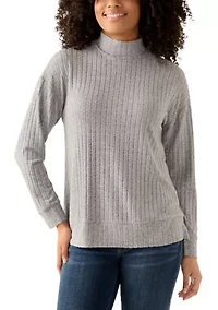 Women's Long Sleeve Ribbed Knit Mock Neck T-Shirt
