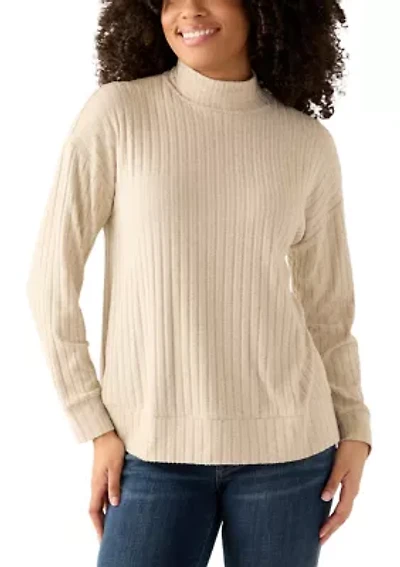 Women's Long Sleeve Ribbed Knit Mock Neck T-Shirt