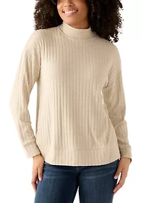 Women's Long Sleeve Ribbed Knit Mock Neck T-Shirt