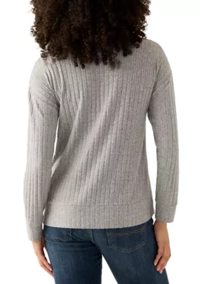 Women's Long Sleeve Ribbed Knit Mock Neck T-Shirt