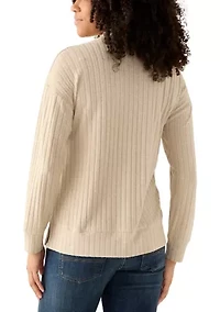 Women's Long Sleeve Ribbed Knit Mock Neck T-Shirt