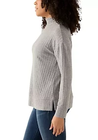 Women's Long Sleeve Ribbed Knit Mock Neck T-Shirt