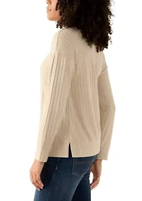Women's Long Sleeve Ribbed Knit Mock Neck T-Shirt