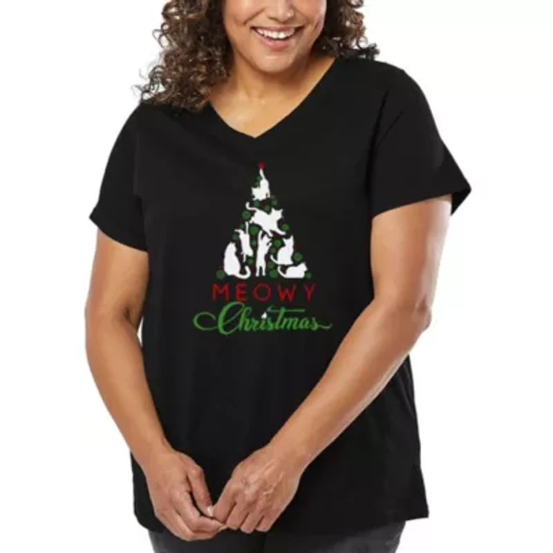 Meowy Christmas Tree - Women's Plus Word Art V-Neck