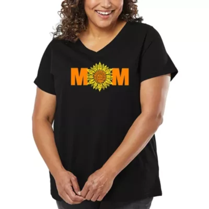 Women's Plus Word Art V-Neck - Mom Sunflower