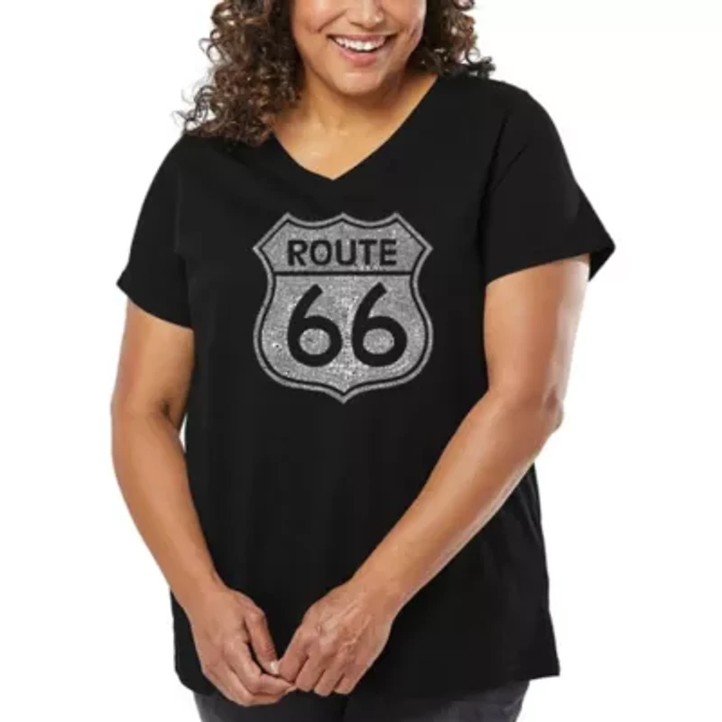 Women's Plus Word Art V-Neck - CITIES ALONG THE LEGENDARY ROUTE 66