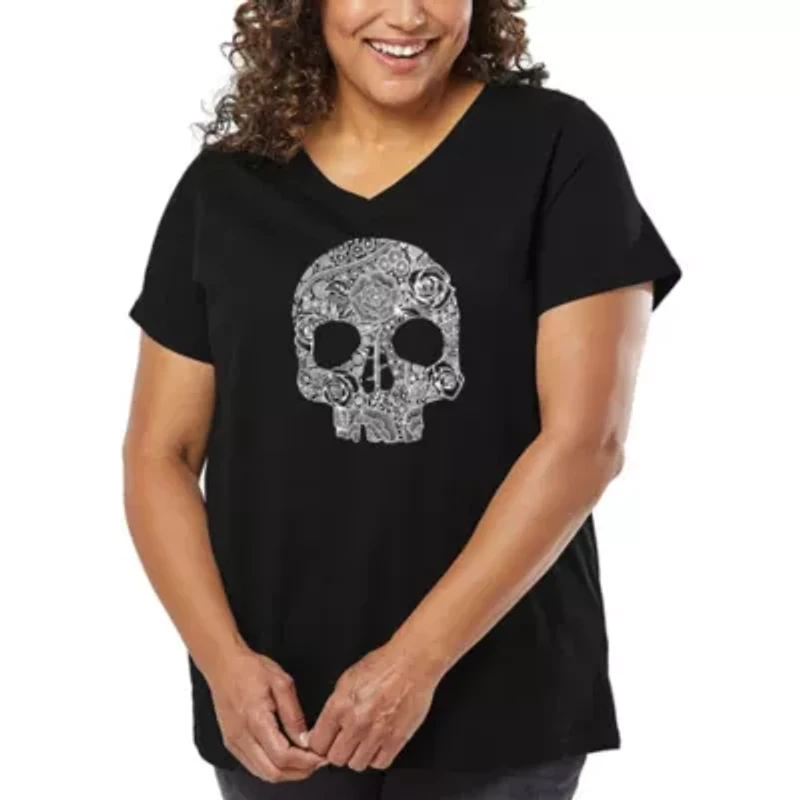 Women's Plus Word Art V-Neck - Flower Skull