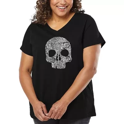 Women's Plus Word Art V-Neck - Flower Skull