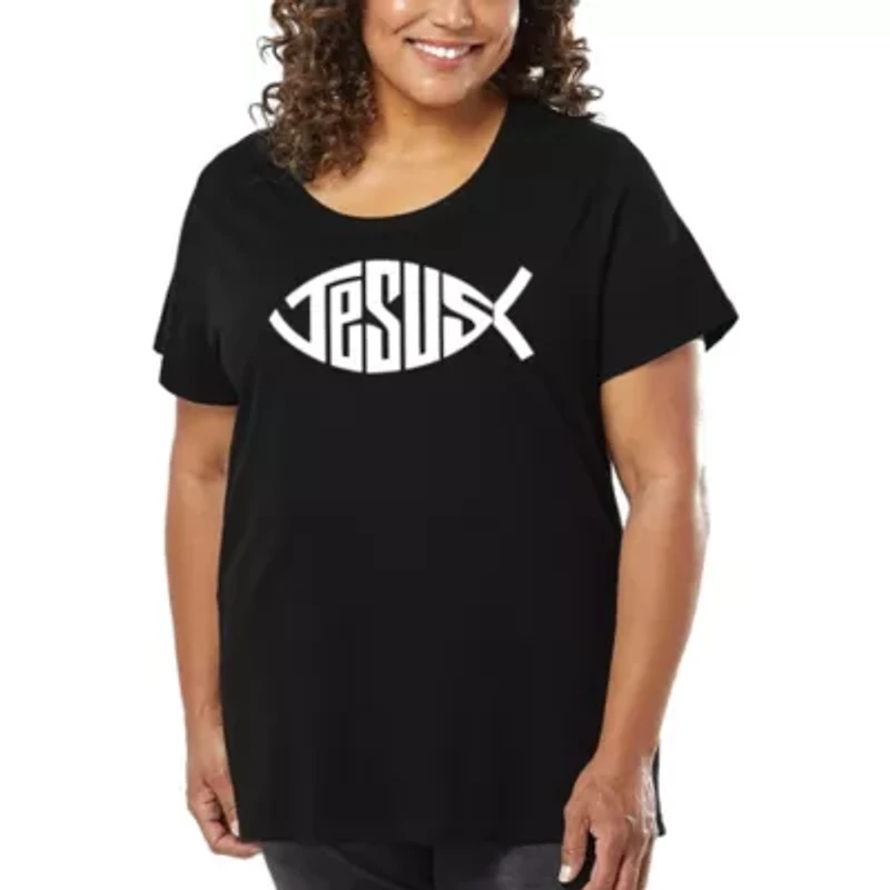Women's Plus Word Art T-shirt - Christian Jesus Name Fish Symbol