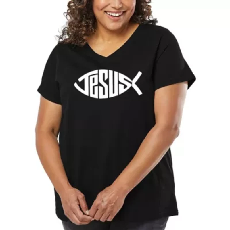 Women's Plus Word Art V-Neck - Christian Jesus Name Fish Symbol