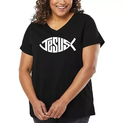 Women's Plus Word Art V-Neck - Christian Jesus Name Fish Symbol