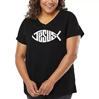Women's Plus Word Art V-Neck - Christian Jesus Name Fish Symbol