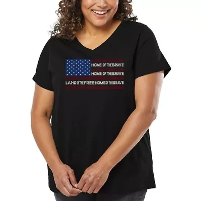 Women's Plus Word Art V-Neck - Land of the Free American Flag