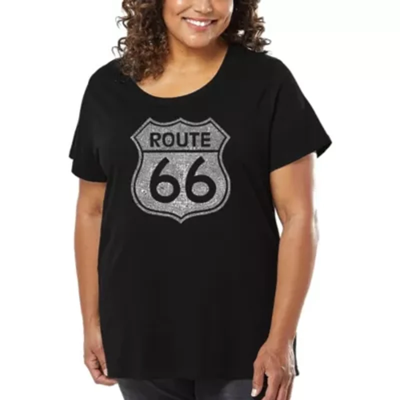 Women's Plus Word Art T-shirt - CITIES ALONG THE LEGENDARY ROUTE 66