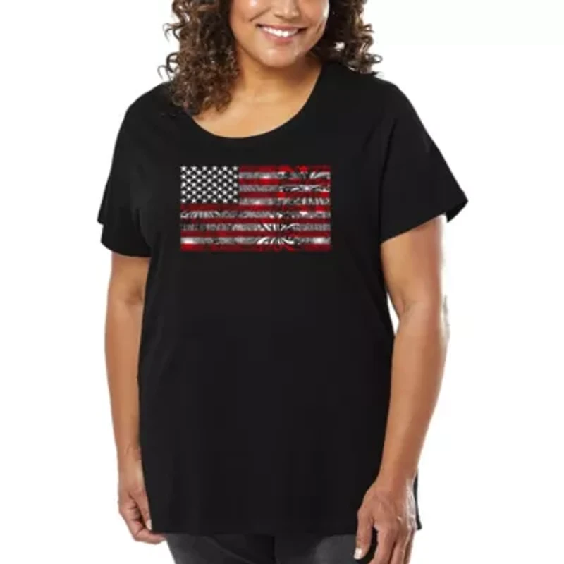 Women's Plus Word Art T-shirt - Fireworks American Flag