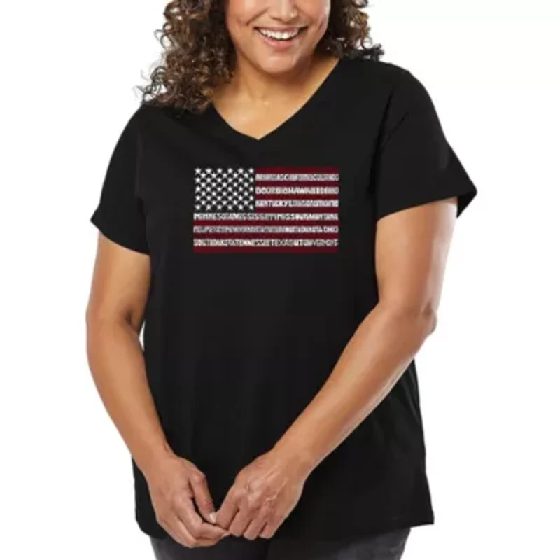Women's Plus Word Art V-Neck - 50 States USA Flag