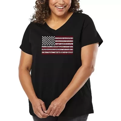 Women's Plus Word Art V-Neck - 50 States USA Flag