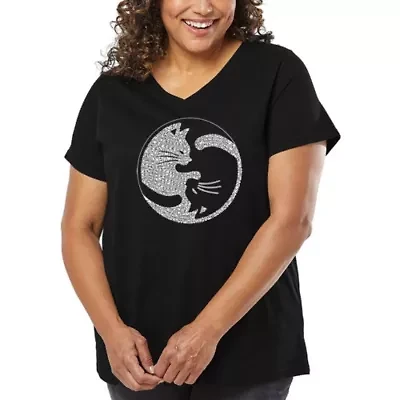 Women's Plus Word Art V-Neck - Yin Yang Cat