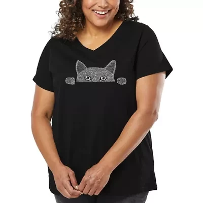 Women's Plus Word Art V-Neck - Peeking Cat