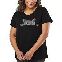 Women's Plus Word Art V-Neck - Peeking Cat