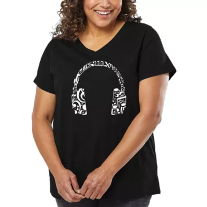 Women's Plus Word Art V-Neck - Music Note Headphones