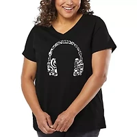 Women's Plus Word Art V-Neck - Music Note Headphones