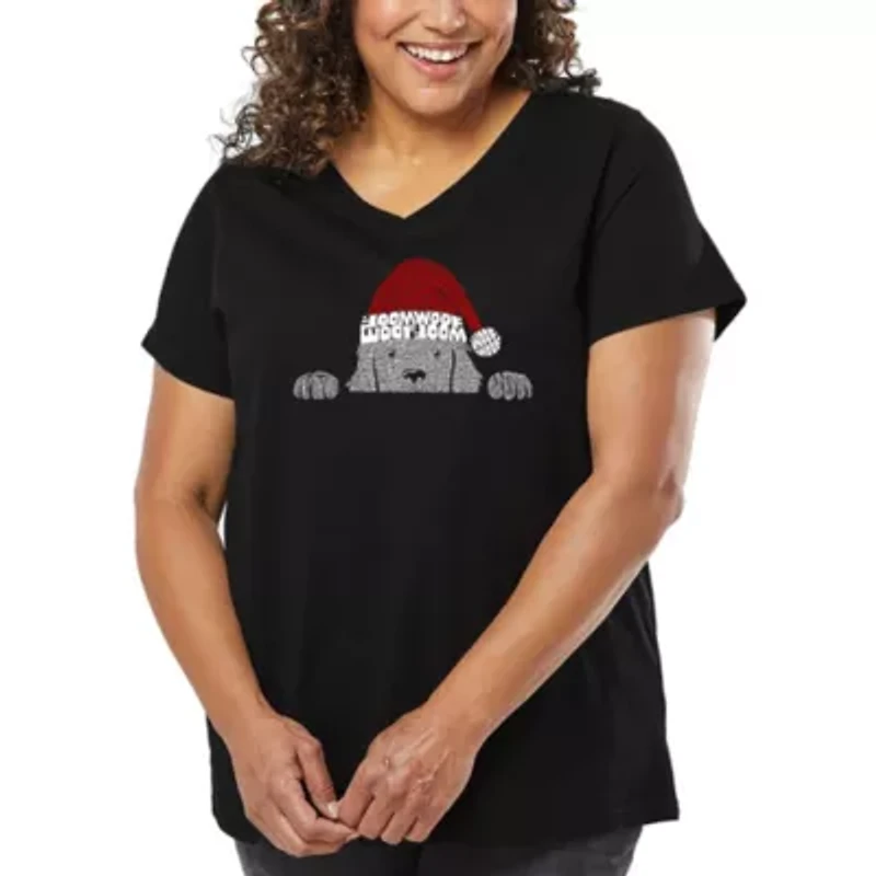 Christmas Peeking Dog - Women's Plus Word Art V-Neck