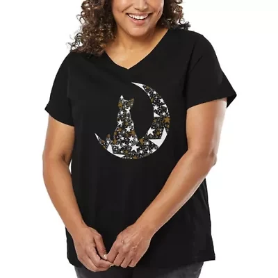 Cat Sitting On Moon - Women's Plus Word Art V-Neck