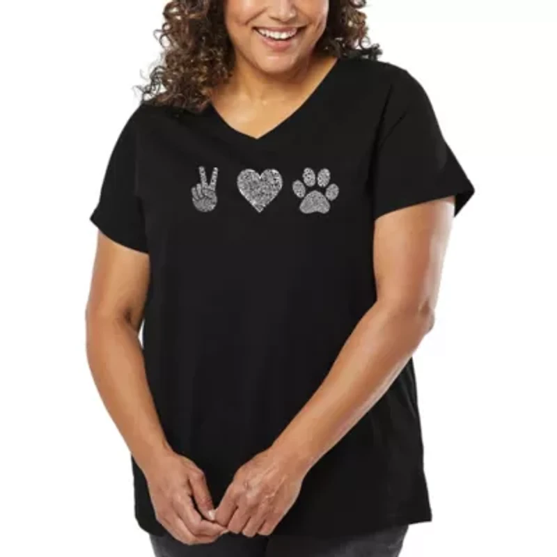 Women's Plus Word Art V-Neck - Peace Love Dogs