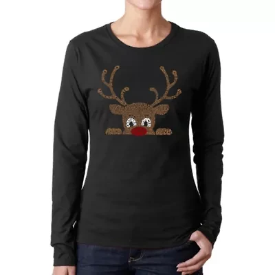 Peeking Reindeer - Women's Word Art Long Sleeve T-Shirt