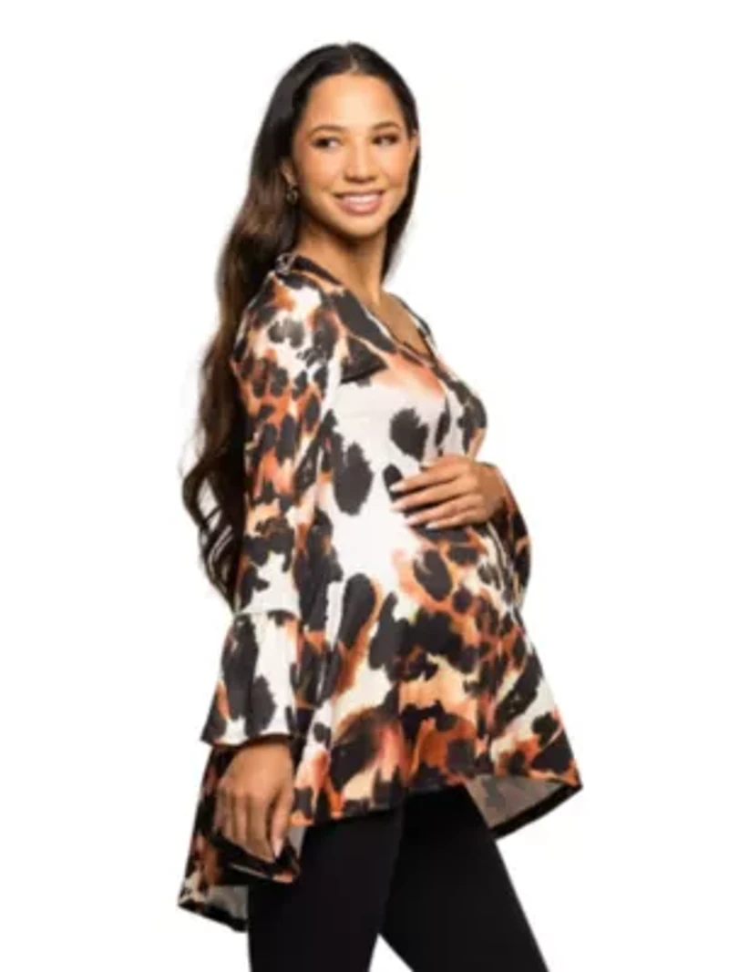 Maternity Scoop Neck Bell Sleeve Tunic Top Animal Print