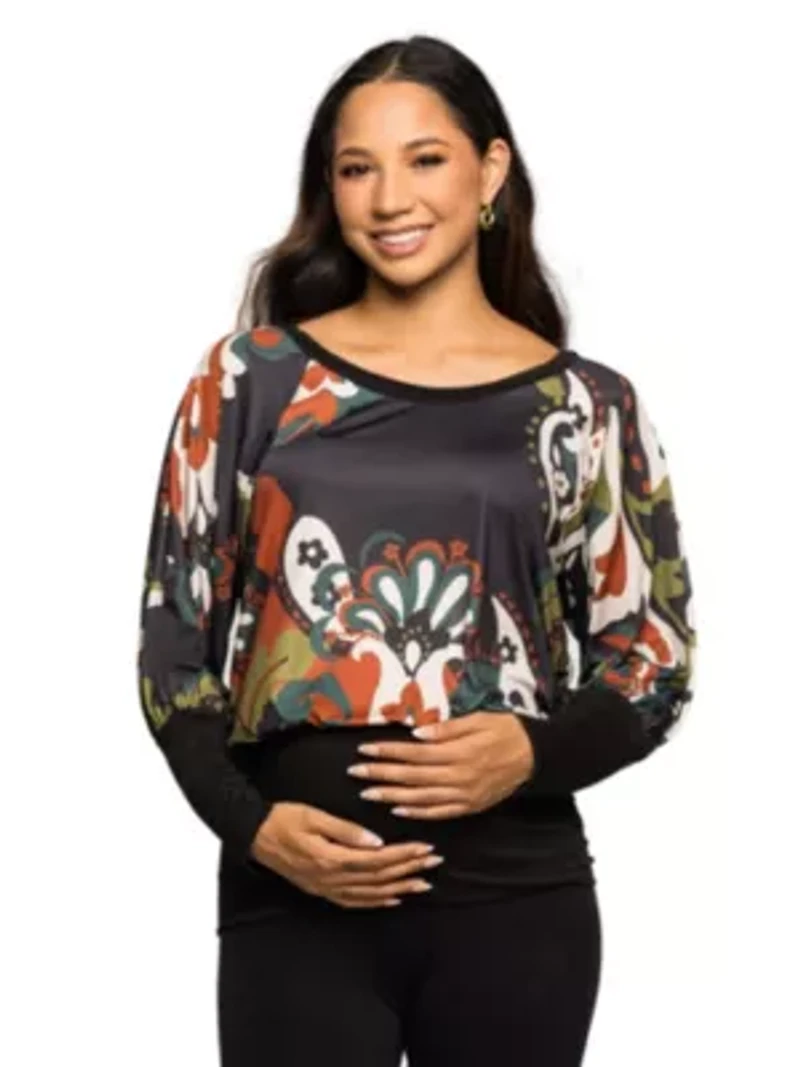 Maternity Paisley Multicolor Print Dolman Sleeve Banded Top