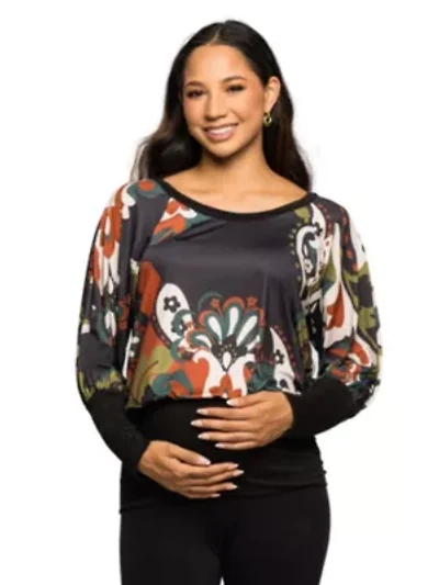 Maternity Paisley Multicolor Print Dolman Sleeve Banded Top