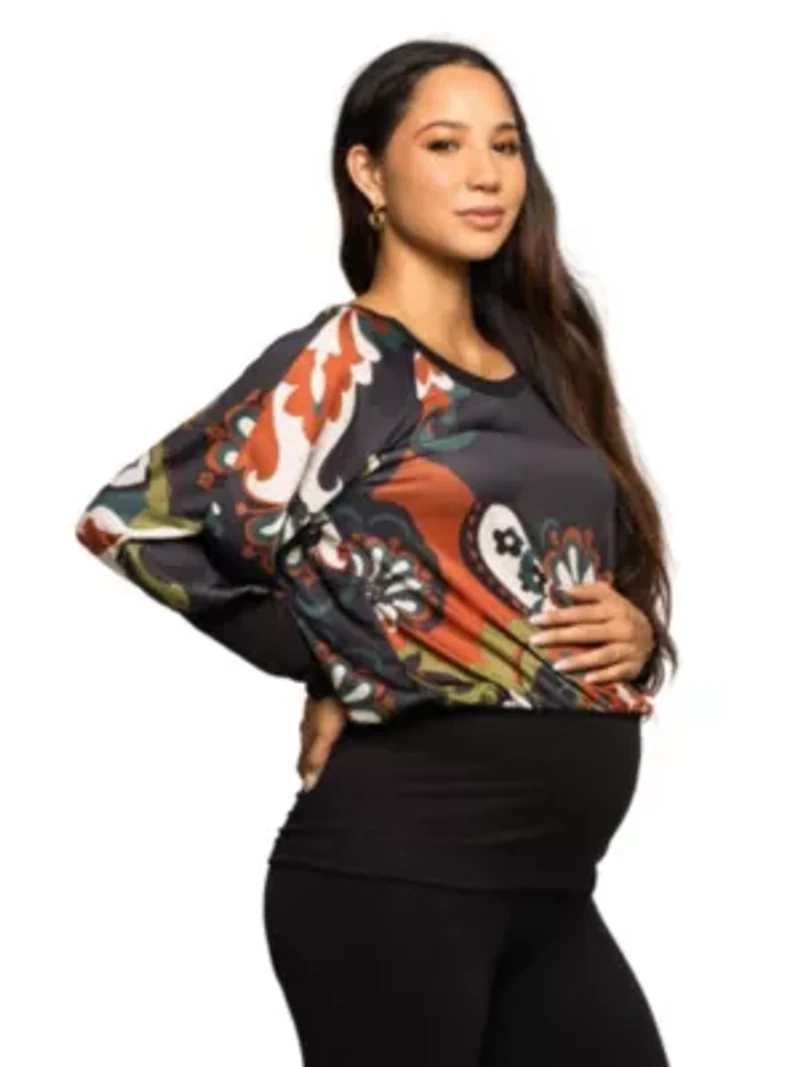 Maternity Paisley Multicolor Print Dolman Sleeve Banded Top