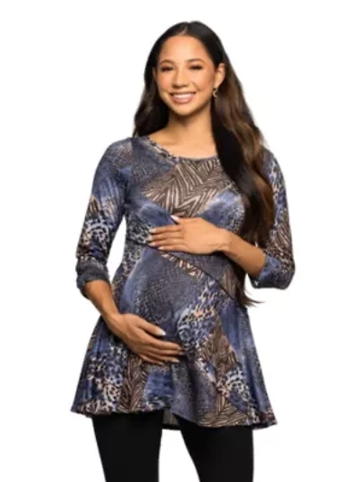 Maternity Three Quarter Sleeve Tunic Top Blue Animal Print