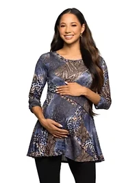 Maternity Three Quarter Sleeve Tunic Top Blue Animal Print