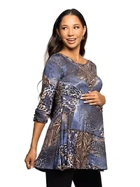 Maternity Three Quarter Sleeve Tunic Top Blue Animal Print