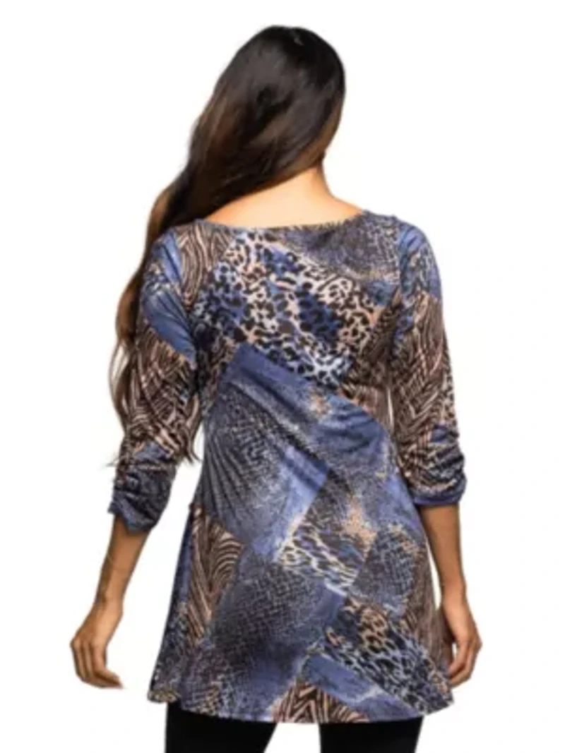 Maternity Three Quarter Sleeve Tunic Top Blue Animal Print