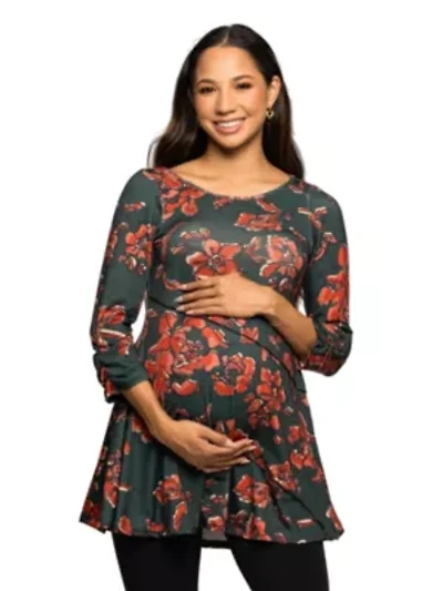 Maternity Green Floral Print Three Quarter Sleeve Tunic Top