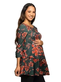 Maternity Green Floral Print Three Quarter Sleeve Tunic Top