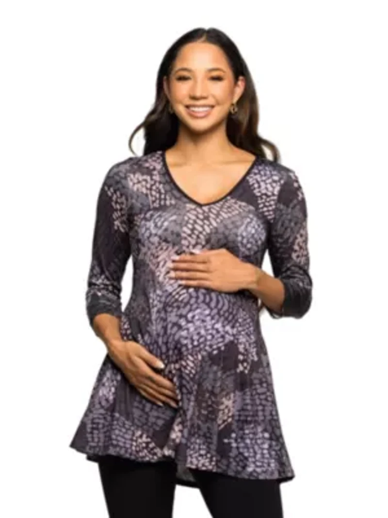 Maternity Gray Abstract Print V Neck three quarter Sleeve Tunic Top