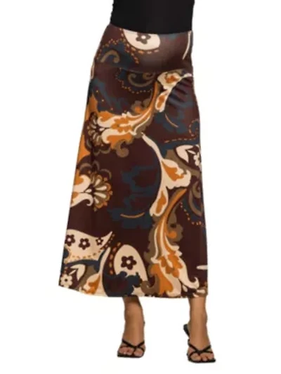 Maternity Elastic Waist Maxi Skirt Brown Print